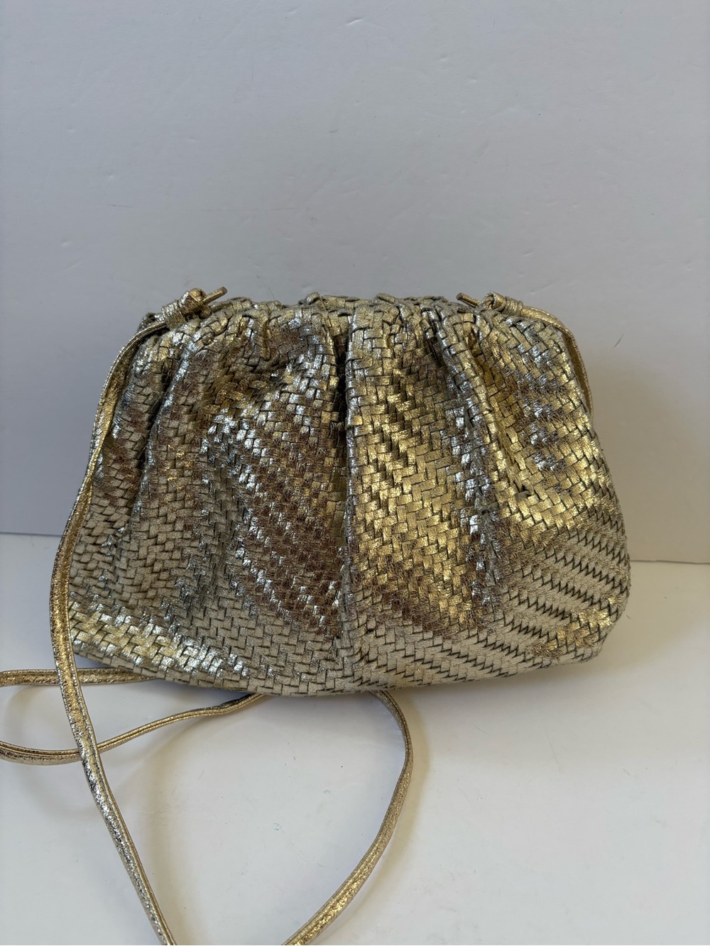 Anthropologie Frankie Clutch Bag Gold Preppy Party Guest Woven Slouchy Dumpling - Picture 5 of 11